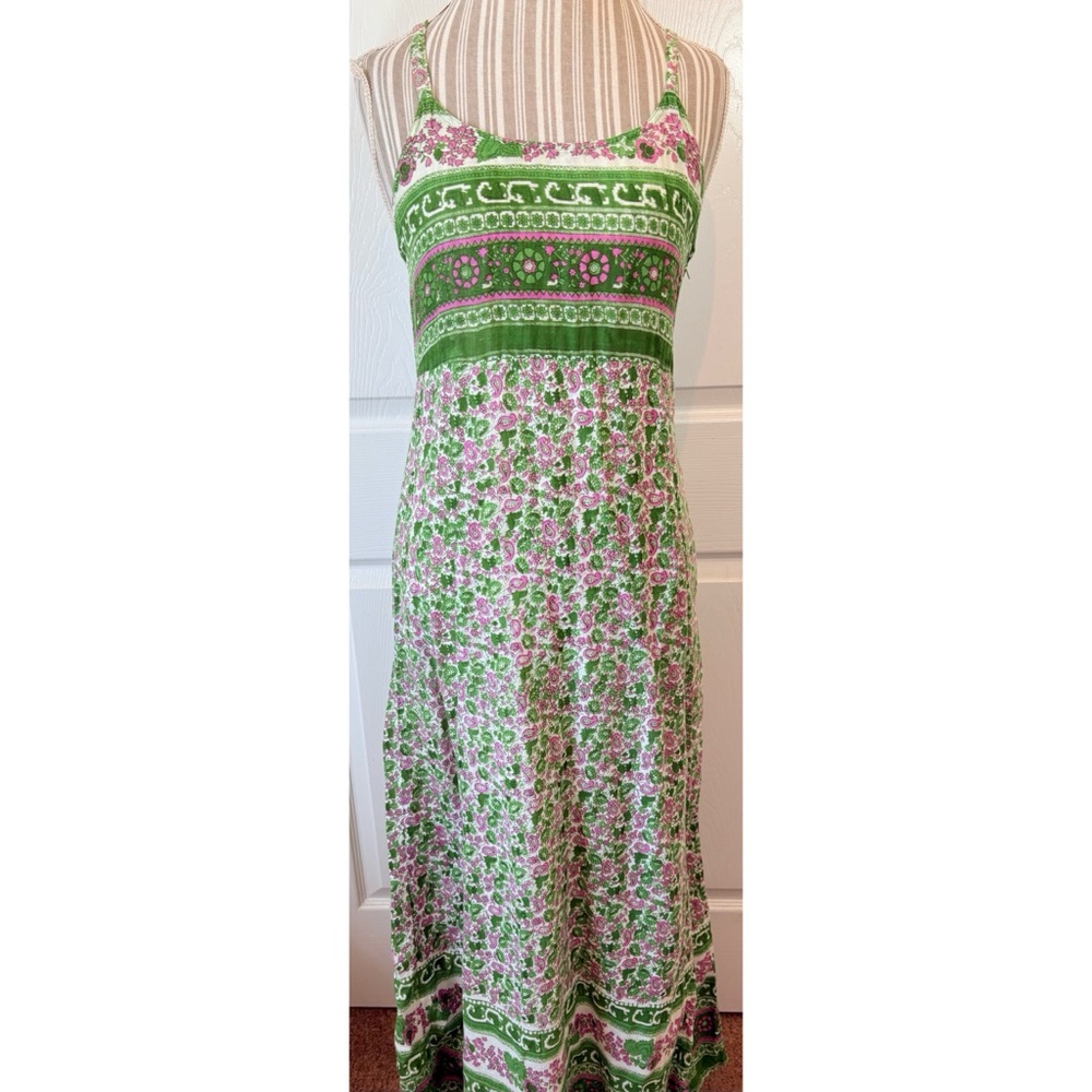 Vintage Funky People Floral Batik Block Print Racer Back Dress Medium